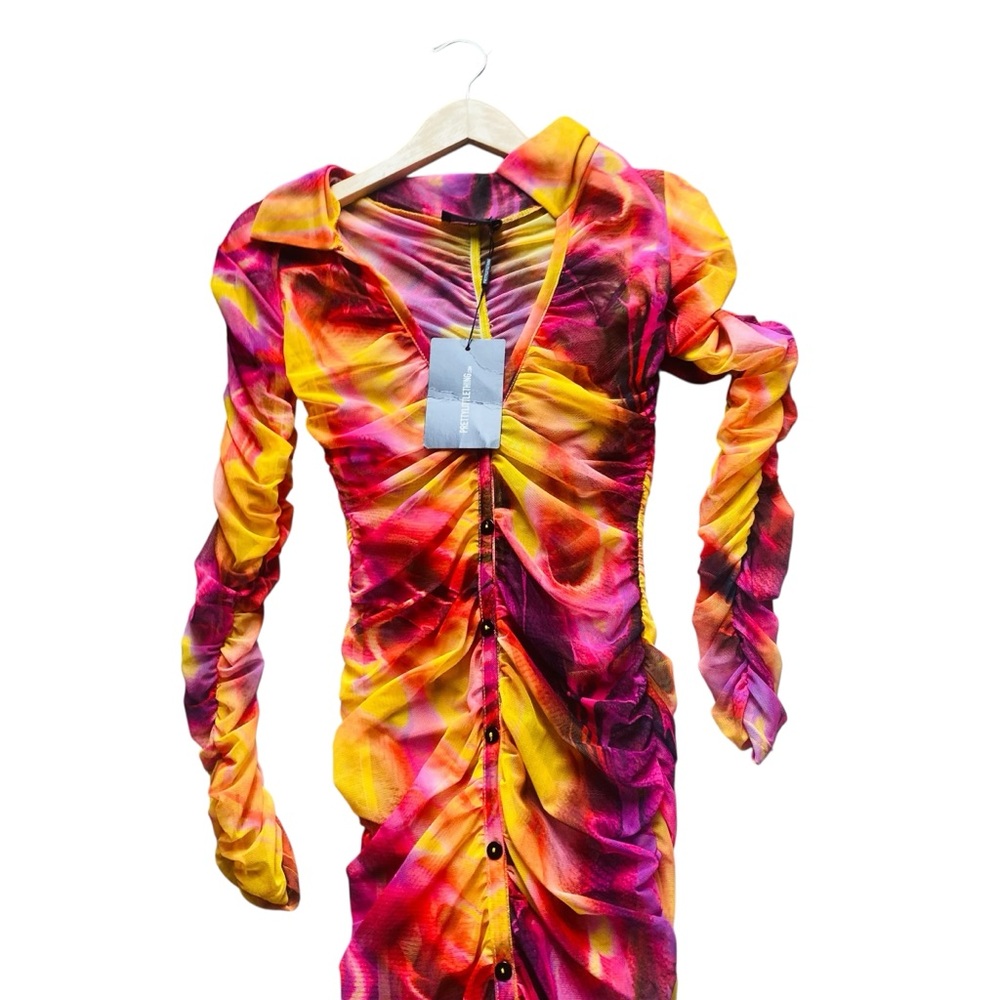 ⭐️ PRETTYLITTLETHING NWT Brown Tiger Printed Ruched Midi Dress Button Down - Picture 4 of 11